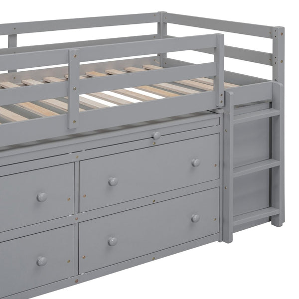 English Elm Twin Loft Bed Pinewood Frame Four Drawers Retractable Study Desk Kids Bedroom Gray LT000368AAE