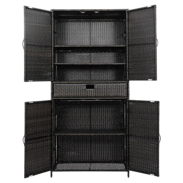 English Elm K&k Tall Arched Pe Rattan Outdoor Storage Cabinet with Adjustable Shelves and Steel Frame Brown+Black N707P420102D