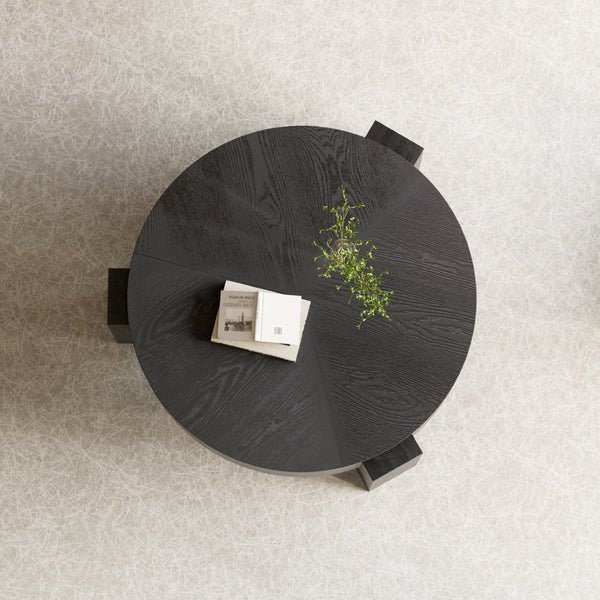 English Elm 33'' Round Coffee Table Parquet Veneer Flip Top Hidden Storage Wabi-sabi Living Room Black W1435P419322