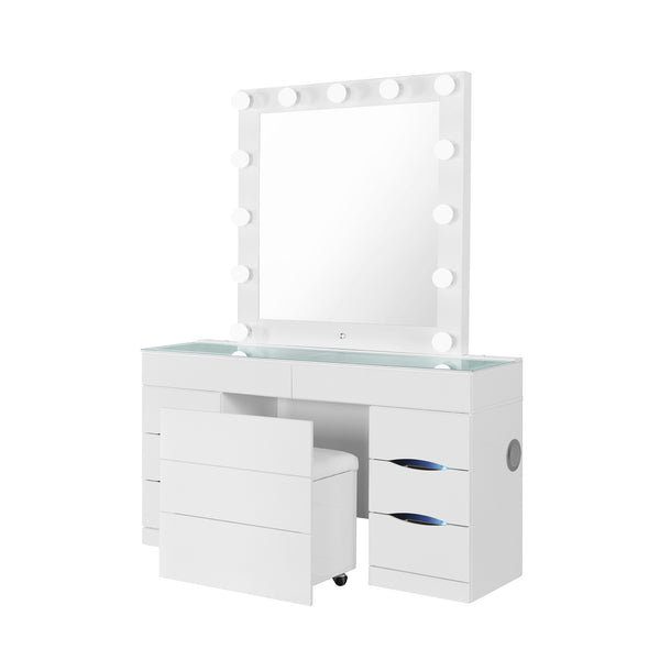 English Elm ELISA Glam LED Vanity Table with Glass Top, Built-In Speakers, Storage Stool and Mirror Lighting White 30.75 L x 19.69 W x 28.86 H B201S00353