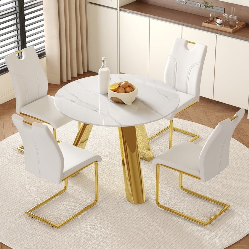 English Elm Table 5-Piece Dining Set With 42-Inch Round Snow Mountain White Top & Elegant Gold Leg Chairs W2920S00045-GIGA