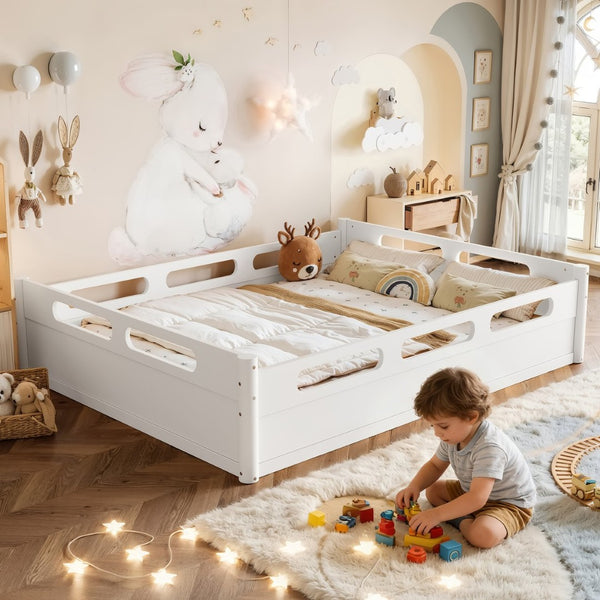 English Elm Queen Low Profile Floor Bed Pine Wood Frame Japandi Minimalist Bedroom Design White W1580P438794