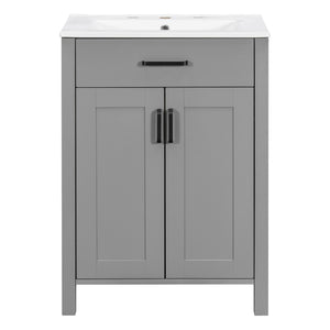 English Elm 24"Bathroom Luxurious Space-Saving Vanity with Ceramic Sink, Solid Wood Frame, Soft-Close Doors and Storage Grey N729P183716E