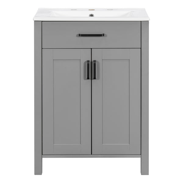 English Elm 24"Bathroom Luxurious Space-Saving Vanity with Ceramic Sink, Solid Wood Frame, Soft-Close Doors and Storage Grey N729P183716E
