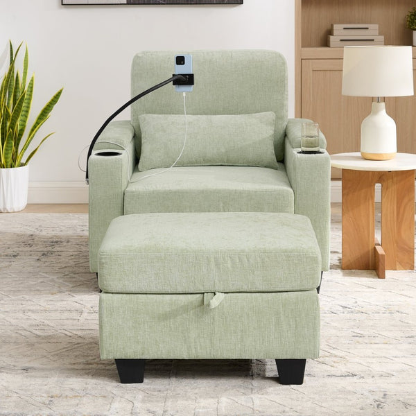 English Elm Single Chenille Manual Recliner with Usb Port Hidden Storage Ottoman and Cup Holders Cyan W487P423654