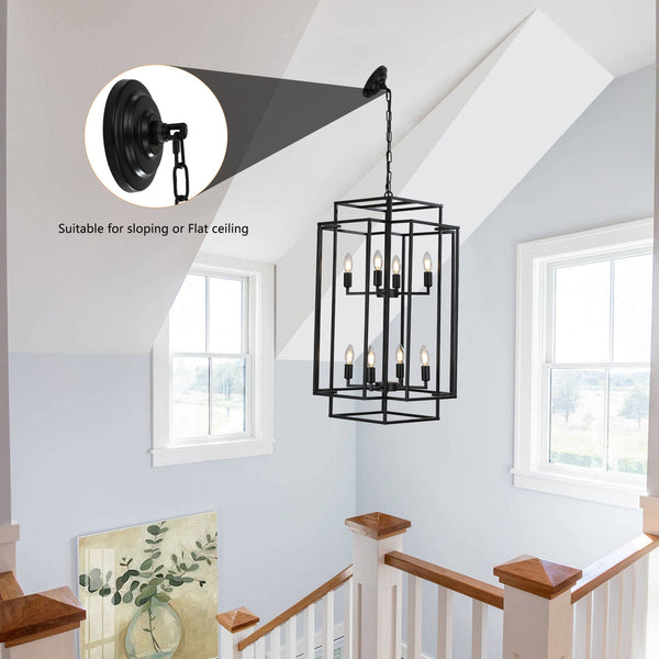 English Elm 18" Modern 8-Light Geometric Pendant Chandelier, Industrial Metal Frame, Adjustable 60" Drop, Stylish Lighting Black W2312P374787