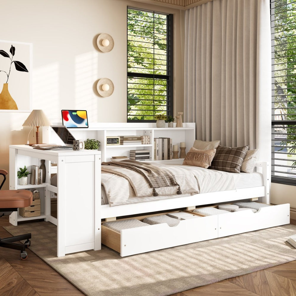 English Elm Twin Corner Daybed Pine Frame Built in Desk Bookcase Drawers Charging Kids Room White W697S00041