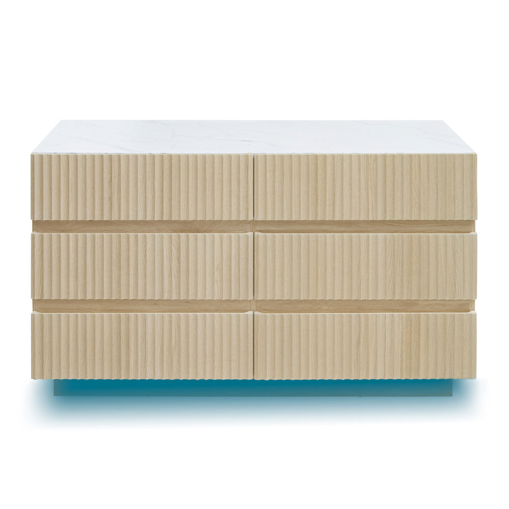 English Elm Fluted 6 Drawers Dresser with LED Lighting, Anti-Tip Safety, Smooth Slides & USB-Controlled Glow W688P194155