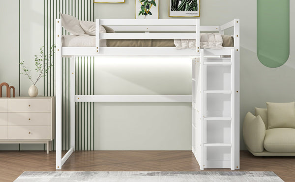 English Elm Wood Full Size Loft Bed with Built-in Wardrobe, 4-Tier Storage Shelves, LED Light, Pine MDF Durable White GX000463AAK