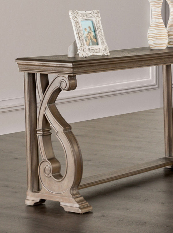 English Elm Traditional Sofa Table With Solid Wood Build, Curved Scroll Legs & Elegant Weather Oak Finish B2741P361129-GIGA