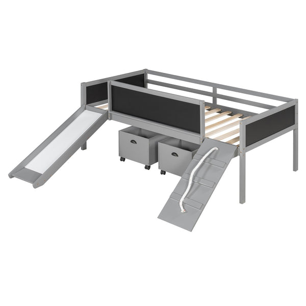 English Elm Twin Kids Loft Bed Solid Pine Frame with Slide Chalkboard and Climbing Rope Play Zone Gray N708P340493E
