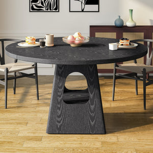 English Elm Round Farmhouse Dining Table 47 Inch Wooden Top with Lower Storage Shelf Seats Six Black W757P367147