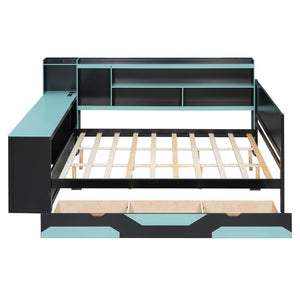 English Elm Queen Gaming Bed Frame with Desk Led Lighting Storage Drawers and Bookcase Headboard Black+Blue LP000290AAC