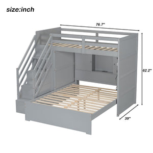 English Elm Twin Over Full Bunk Bed with Wardrobe Storage Stairs Shelves and Usb Charging Gray LT000292AAE
