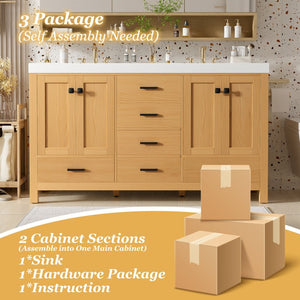 English Elm [video]59.3 Inch Wall Mounted Double Sink Vanity Wood Grain Mdf Soft Close Storage N729P000013O