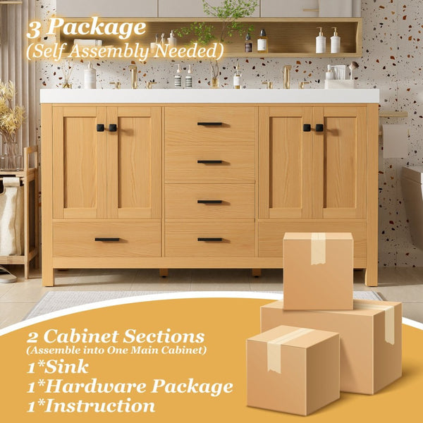 English Elm [video]59.3 Inch Wall Mounted Double Sink Vanity Wood Grain Mdf Soft Close Storage N729P000013O