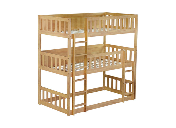 English Elm Twin Triple Rubberwood Bunk Bed with Ladders & Guardrails, Space-Saving Modular Design for Families White Oak W504S00172