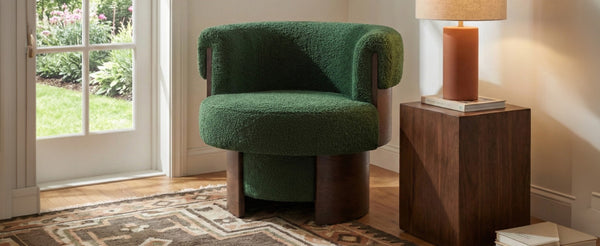 English Elm Modern Sculptural Barrel Swivel Chair Bentwood Frame Polyester Upholstery Accent Seating Green N760P369230C