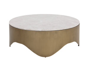Sunpan Guinevere Coffee Table - Handcrafted Crema Marble Top with Curvy Antique Brass Iron Base, Unique Design
