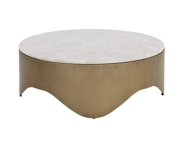 Sunpan Guinevere Coffee Table - Handcrafted Crema Marble Top with Curvy Antique Brass Iron Base, Unique Design