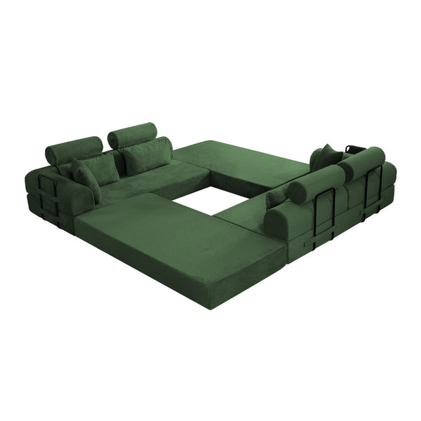 English Elm L Shaped Corduroy Sectional Sofa Converts to Sleeper Bed Space Saving Modular Couch Green W5532S00005