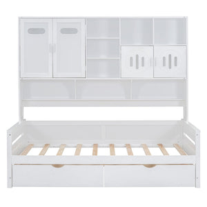 English Elm Twin Size Wooden Daybed With Storage Drawers, Cabinet & Shelf – Stylish Space-Saving Solution! N820S00015K-GIGA