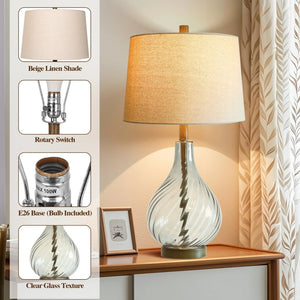 English Elm 28in Spiral Glass Column Table Lamp with Linen Shade for Bedroom or Office Decor W3355P443091