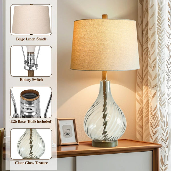 English Elm 28in Spiral Glass Column Table Lamp with Linen Shade for Bedroom or Office Decor W3355P443091