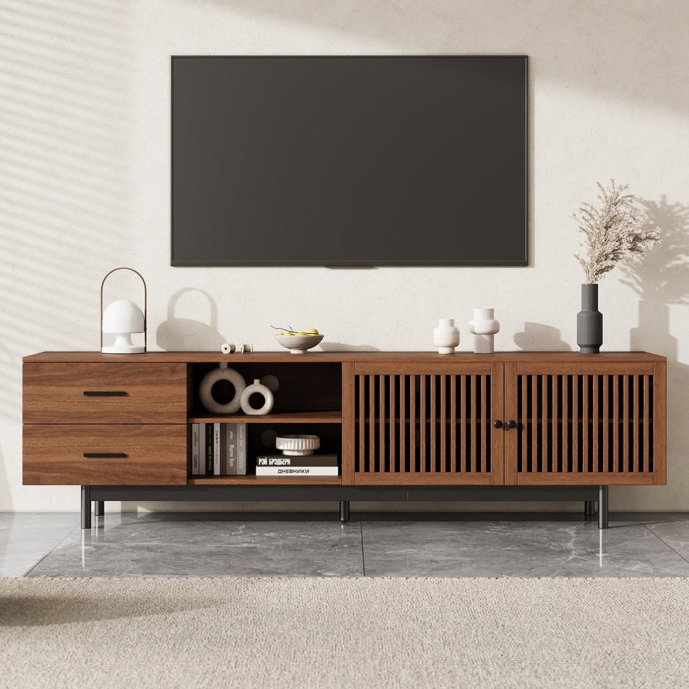 English Elm 78 Inch Walnut Media Console with Slatted Doors Solid Wood Legs and Cable Management N710P374705P