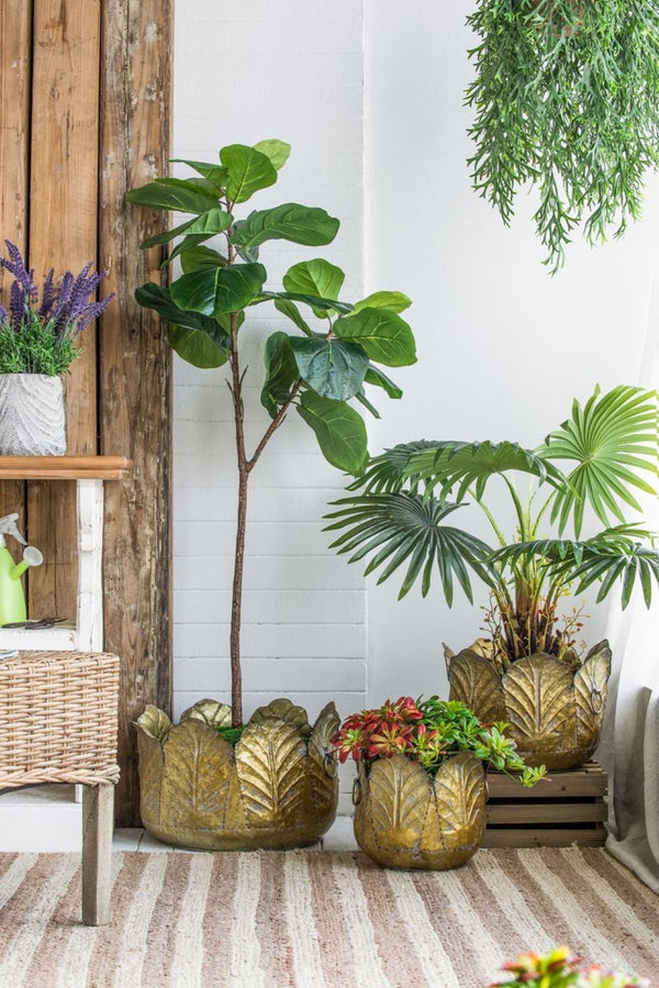 English Elm Set of 3 Zinc Metal Planters with Distressed Golden Finish for Indoor Outdoor Display W2078P499530