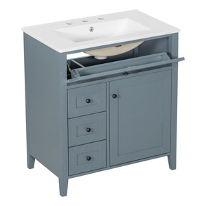 English Elm 30-Inch Contemporary Bathroom Vanity with Sink, MDF & Rubberwood, Glossy Finish, 3 Drawers + Cabinet Blue Gray N725P350819E