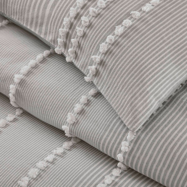 English Elm 3- Piece King Cotton Yarn Dyed Stripe Jacquard Pompom Comforter Set Oeko-tex Certified Grey B035P482891