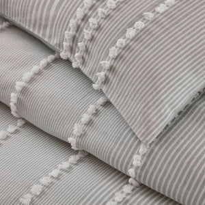 English Elm 3-piece Cotton Yarn Dyed Comforter Set Jacquard Pompom Stripe Coastal Bedroom Grey B035P482890