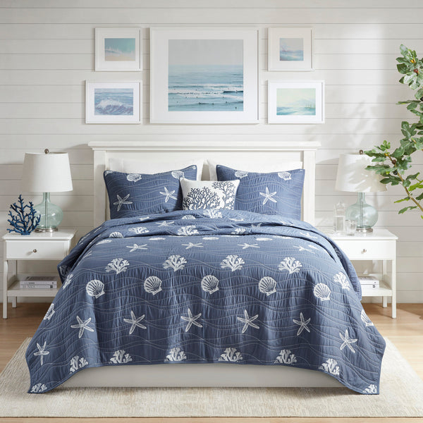 English Elm 4 Piece Cotton Reversible Embroidered Quilt Set with Coastal Starfish & Shell Motifs, OEKO-TEX Certified Quality Navy 20.87 L x 16.93 W x 6.5 H B03595793