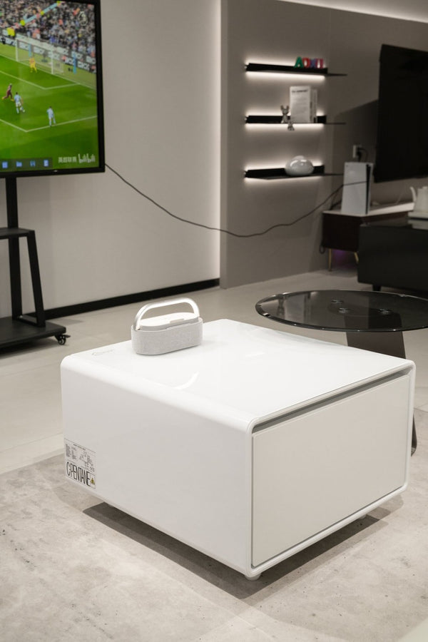English Elm Modern Coffee Table with Built in Mini Fridge Power Outlets and Beverage Storage White W1172P483597