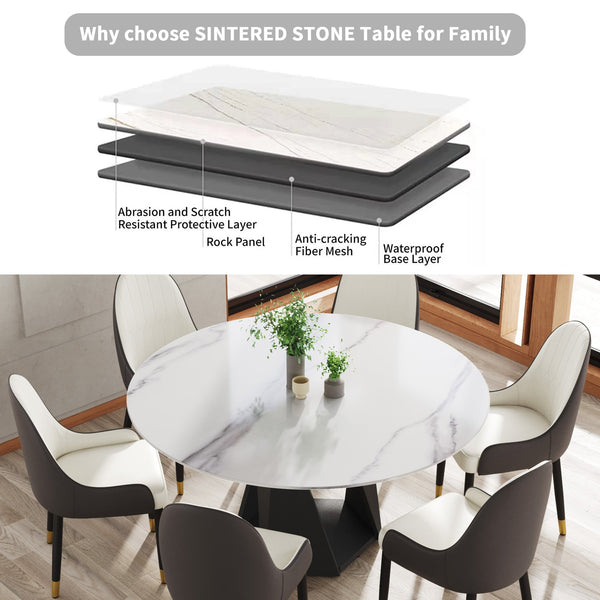 English Elm 59.05" Round Marble Dining Table - Elegant Black Iron Base, Seats 6-8, Modern Sintered Stone Design W1535S00401