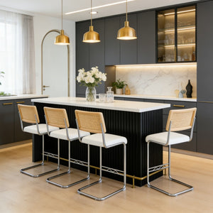 English Elm Natural Rattan Backrest Counter Stools Set of 4 with Chrome Legs and Pu Leather Seats W2920S00106