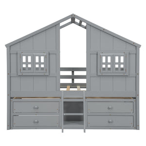 English Elm Full Size House Loft Bed With Roof & Windows, 4 Storage Drawers, Safe Pine Frame In Grey Finish W504S00241