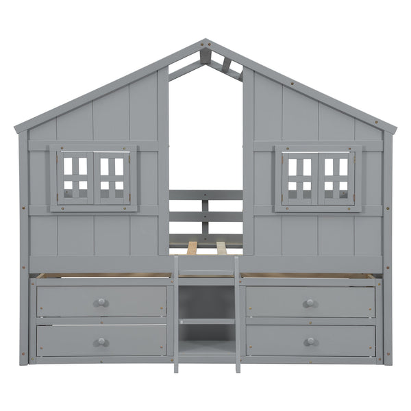 English Elm Full Size House Loft Bed With Roof & Windows, 4 Storage Drawers, Safe Pine Frame In Grey Finish W504S00241