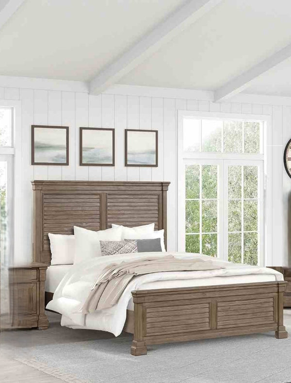 English Elm Transitional Eastern King Bed Shutter Panel Headboard Weathered Gray Elm Wood Frame B2741S00929