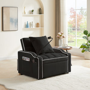 English Elm Sleeper Sofa Chair Velvet Convertible Armchair with Usb Charging for Small Spaces Black W1359P458672