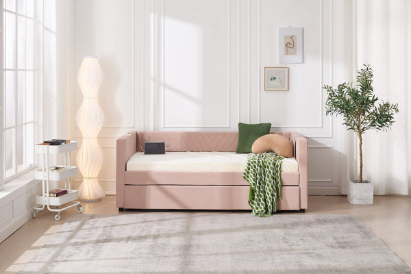 English Elm Twin Velvet Upholstered Daybed with Trundle, V-Pattern Backrest, USB Port, Side Pockets, Sturdy Design Pink W1361S00042