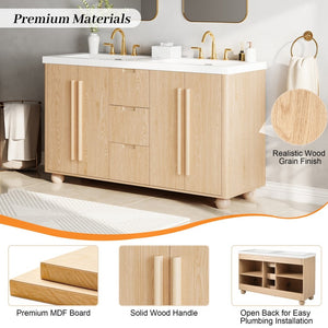 English Elm [cabinet Only] 58 Inch Double Sink Vanity Base Wood Grain Mdf Soft Close Storage N759S425429N