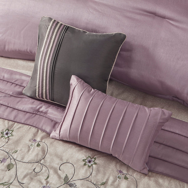 English Elm Embroidered 7-Piece Comforter Set In Soft Purple & Grey For California King - Luxurious Floral Design B03596943