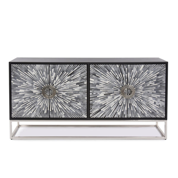 Howard Elliott Aurora Credenza Cabinet - Handcrafted Sunburst Design, Elegant Storage Solution In Black & Silver Frame Black Wood , Steel ,Bone   *No Animals Were Harmed In The Making Of This Piece. 45021-howard-elliott