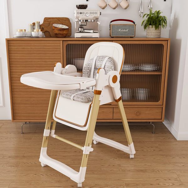 English Elm Convertible Baby High Chair to Rocker with 5-Point Harness, Foldable Feeding Seat, Quiet Wheels, Easy-Clean Tray and Adjustable Recline for Infants and Toddlers White W2699P371974