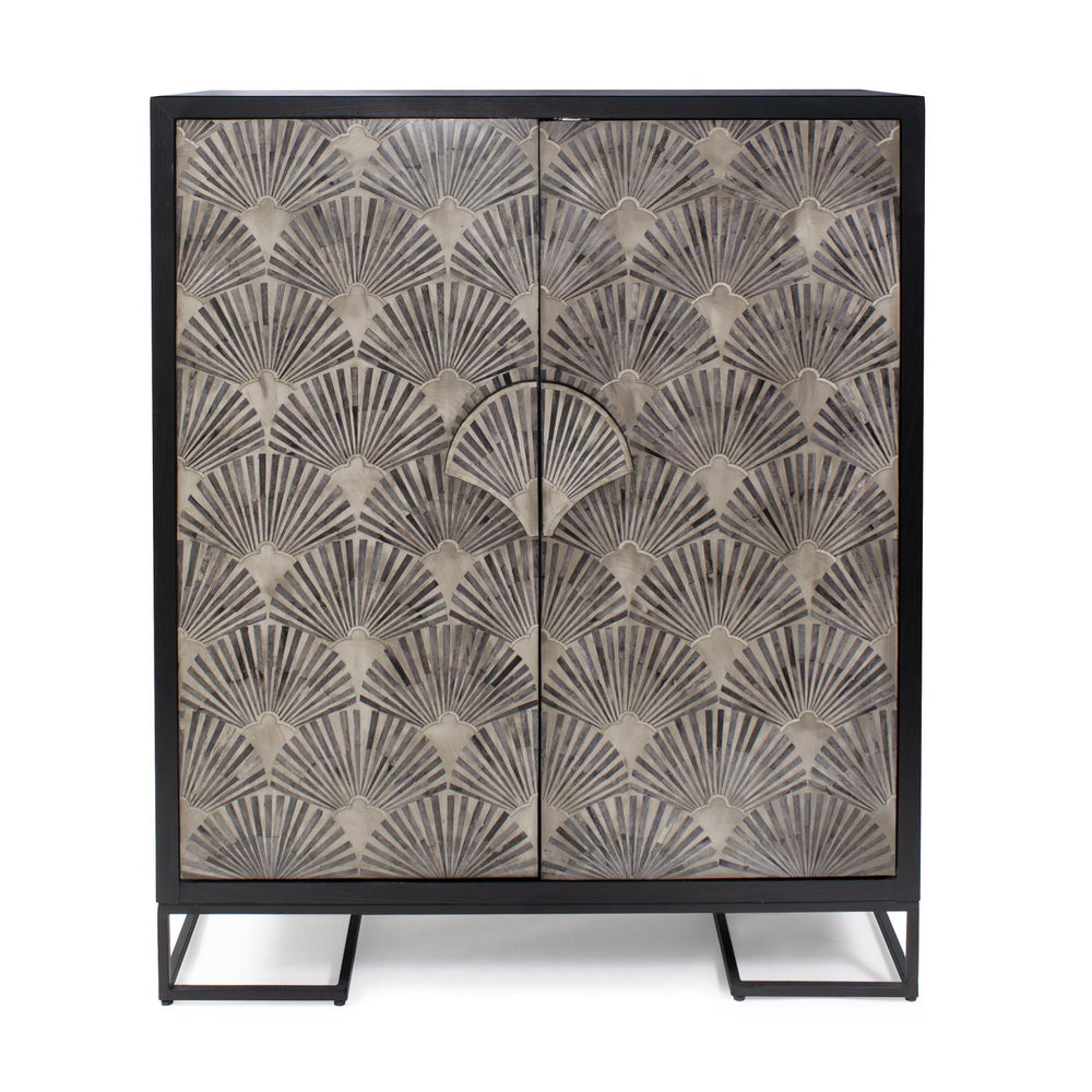 Howard Elliott Harlow Tall Cabinet With Stunning Inlaid Bone Design, Mango Wood & Iron Stand For Stylish Storage Black Mango Wood,Bone Inlay,Iron 45031-howard-elliott
