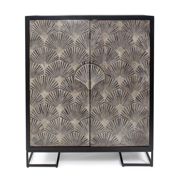 Howard Elliott Harlow Tall Cabinet With Stunning Inlaid Bone Design, Mango Wood & Iron Stand For Stylish Storage Black Mango Wood,Bone Inlay,Iron 45031-howard-elliott