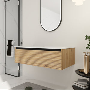 English Elm 36'' Floating Wall Mounted Bathroom Vanity Plywood Build with Soft Close Drawer W999P285411