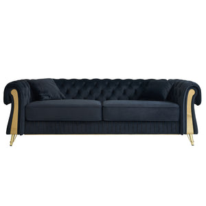 English Elm 89''W Chesterfield Modern Tufted Velvet Sofa with Pocket Springs, Gold Trim & Removable Cushions Black W579S00038